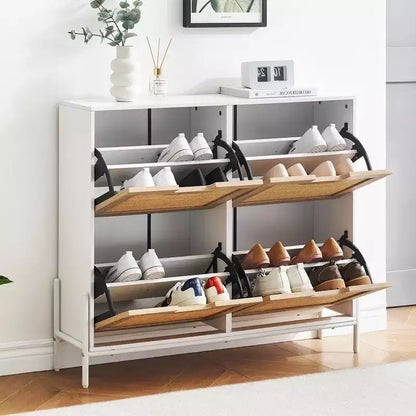 Meuble à chaussures en rotin Black+Oak / Chêne / Chêne Blanc avec 4 tiroirs à abattant, autoportant, capacité de 18 paires