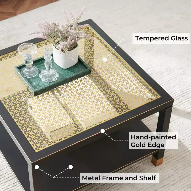 Table basse carrée en verre noir et blanc avec plateau trempé à accents dorés et cadre en métal, 1 place