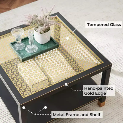 Table basse carrée en verre noir et blanc avec plateau trempé à accents dorés et cadre en métal, 1 place