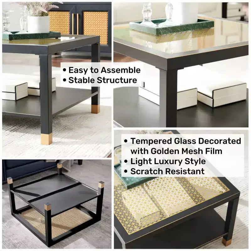 Table basse carrée en verre noir et blanc avec plateau trempé à accents dorés et cadre en métal, 1 place