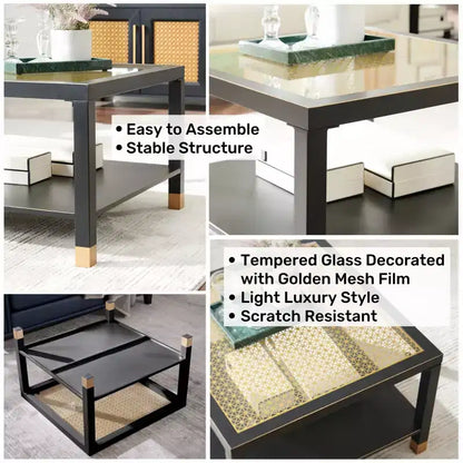 Table basse carrée en verre noir et blanc avec plateau trempé à accents dorés et cadre en métal, 1 place