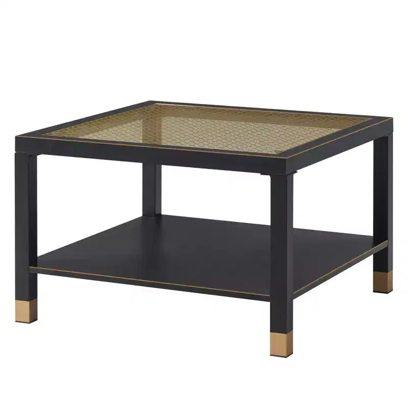 Table basse carrée en verre noir et blanc avec plateau trempé à accents dorés et cadre en métal, 1 place