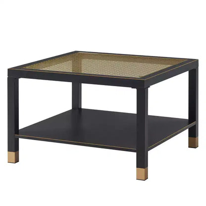 Table basse carrée en verre noir et blanc avec plateau trempé à accents dorés et cadre en métal, 1 place