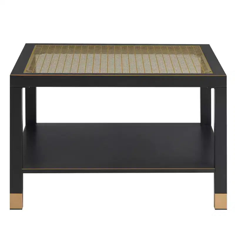 Table basse carrée en verre noir et blanc avec plateau trempé à accents dorés et cadre en métal, 1 place