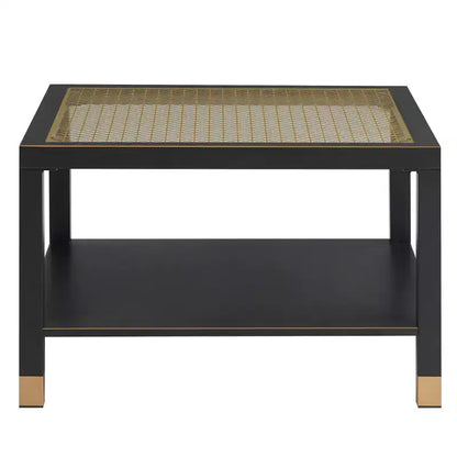 Table basse carrée en verre noir et blanc avec plateau trempé à accents dorés et cadre en métal, 1 place