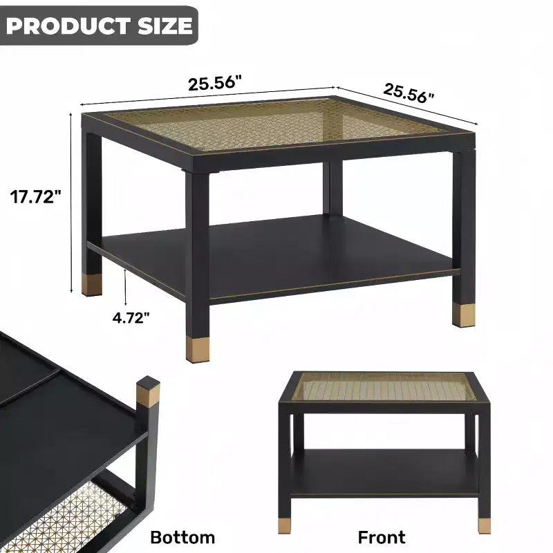 Table basse carrée en verre noir et blanc avec plateau trempé à accents dorés et cadre en métal, 1 place