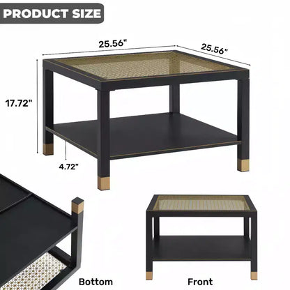 Table basse carrée en verre noir et blanc avec plateau trempé à accents dorés et cadre en métal, 1 place