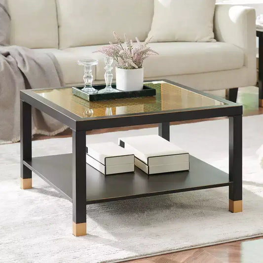 Probe Hues Glass Coffee Table with Gold-Accent Tempered Top & Metal Frame