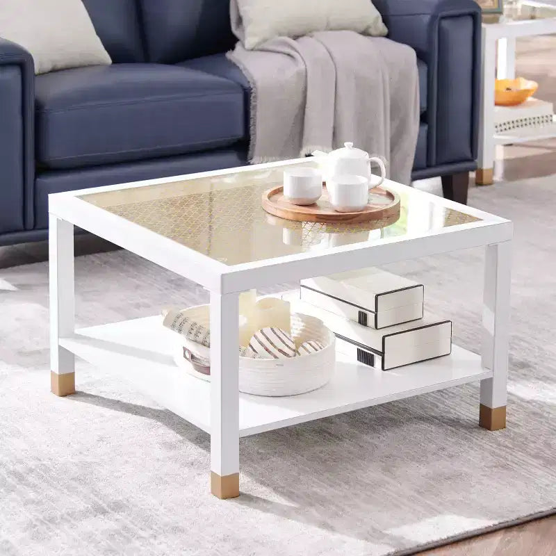 Table basse carrée en verre noir et blanc avec plateau trempé à accents dorés et cadre en métal, 1 place