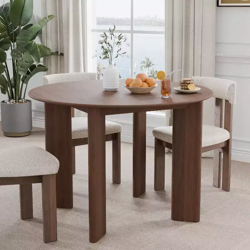 Table de salle à manger ronde en bois massif marron, 4 places