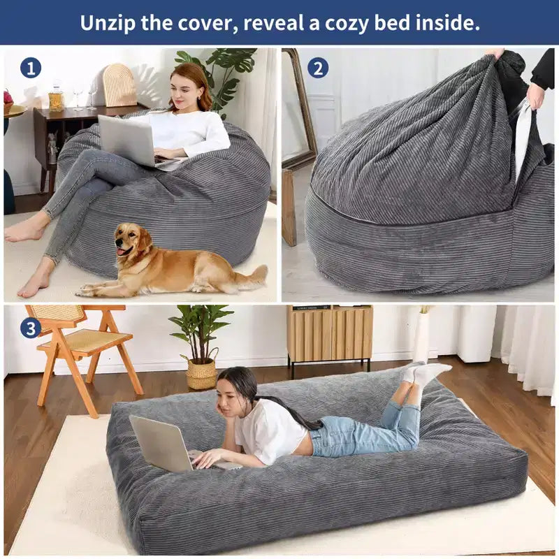 Pouf et lit convertible 2-en-1 gris foncé / gris clair / bleu marine – 2 places