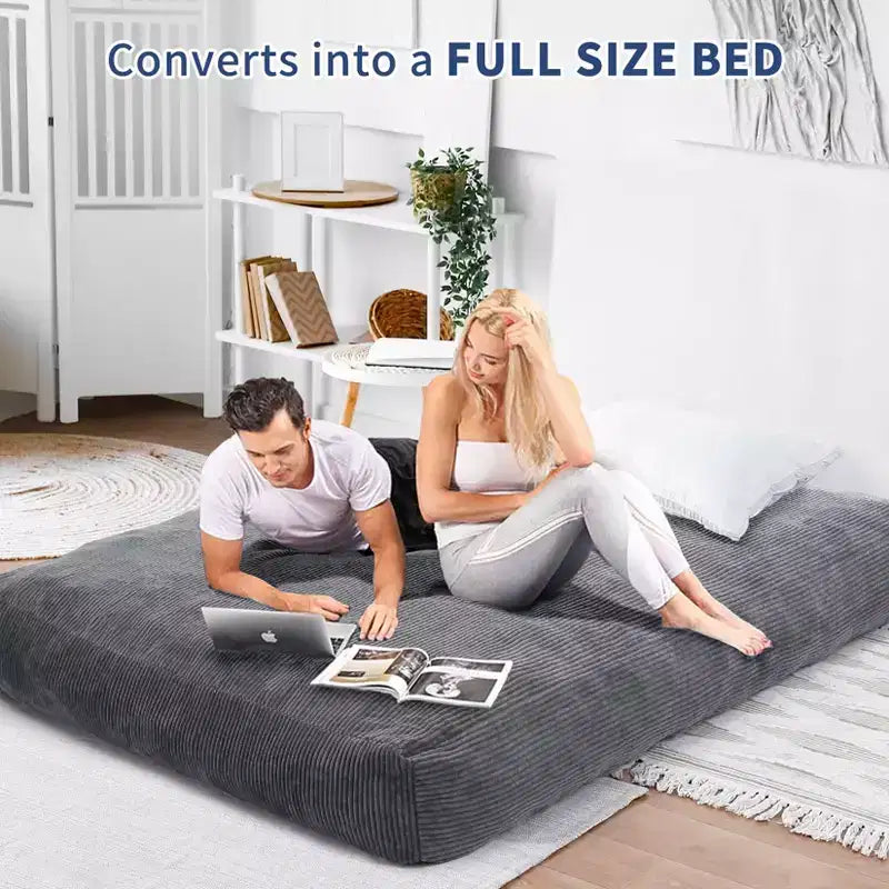 Pouf et lit convertible 2-en-1 gris foncé / gris clair / bleu marine – 2 places