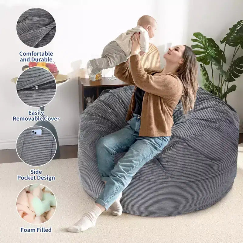 Pouf et lit convertible 2-en-1 gris foncé / gris clair / bleu marine – 2 places