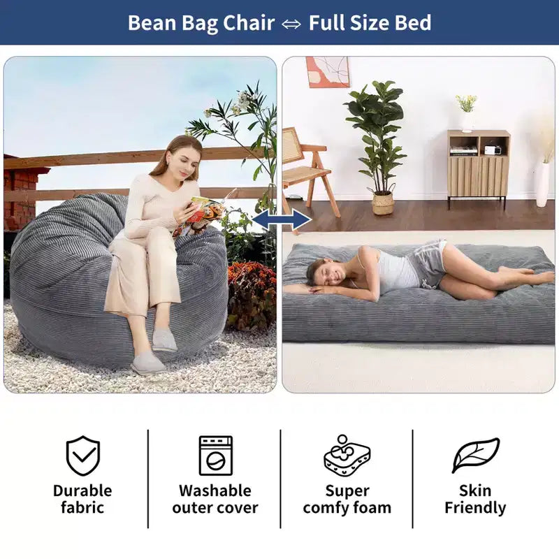 Pouf et lit convertible 2-en-1 gris foncé / gris clair / bleu marine – 2 places