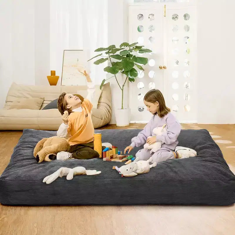 Pouf et lit convertible 2-en-1 gris foncé / gris clair / bleu marine – 2 places