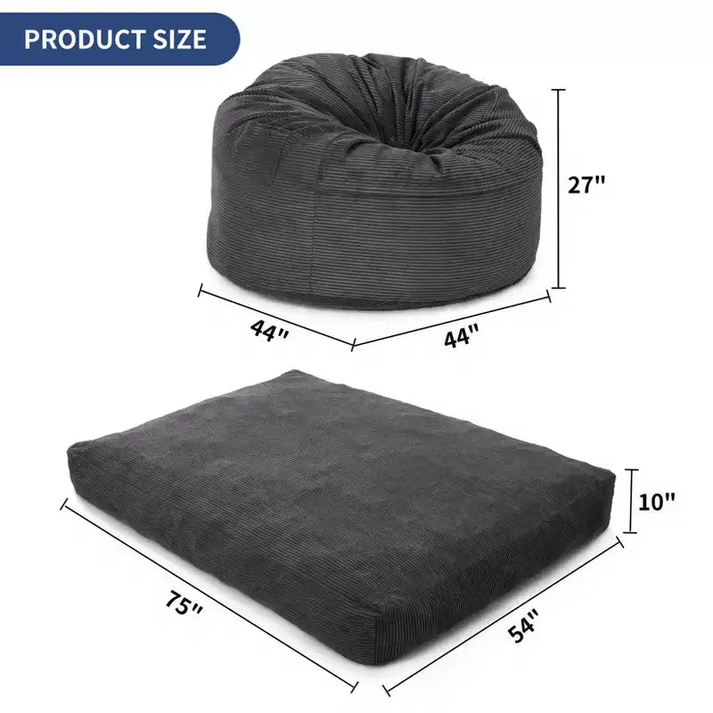 Pouf et lit convertible 2-en-1 gris foncé / gris clair / bleu marine – 2 places