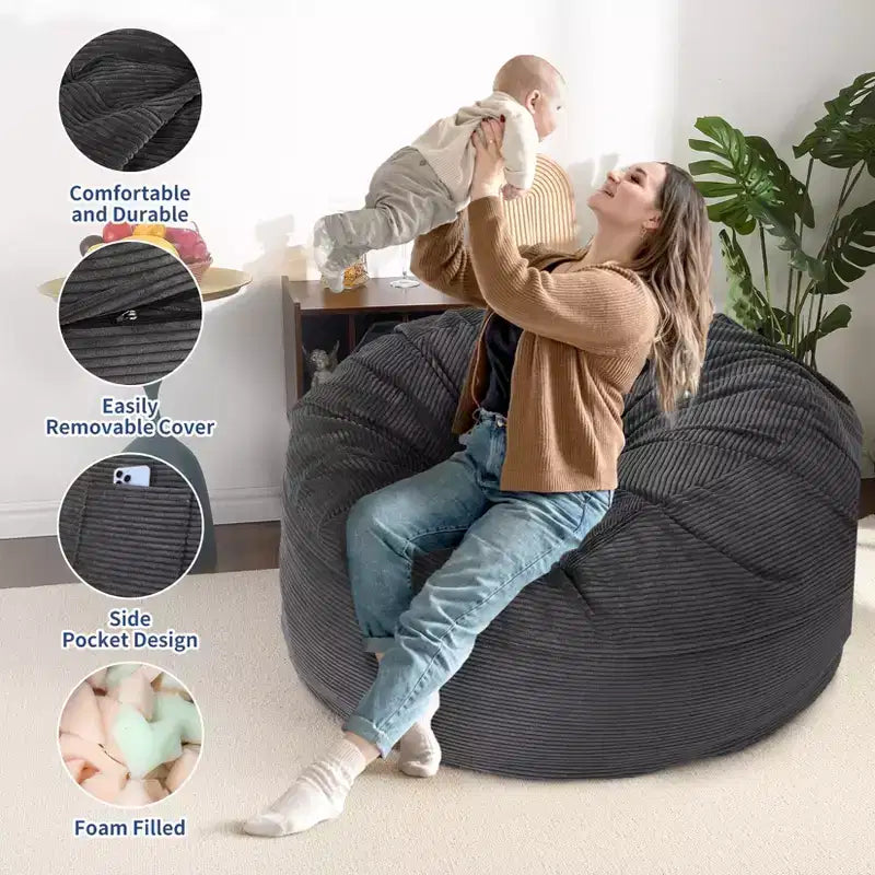 Pouf et lit convertible 2-en-1 gris foncé / gris clair / bleu marine – 2 places