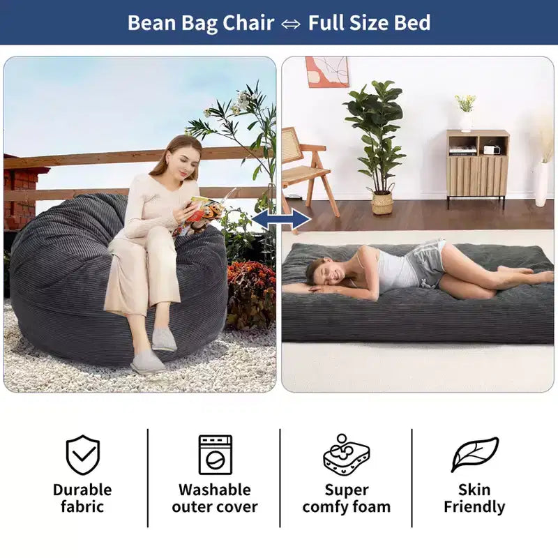 Pouf et lit convertible 2-en-1 gris foncé / gris clair / bleu marine – 2 places