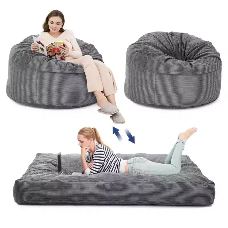 Pouf et lit convertible 2-en-1 gris foncé / gris clair / bleu marine – 2 places