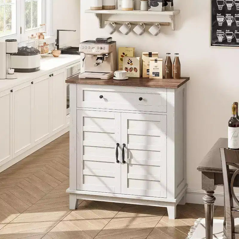 Meuble de rangement à persiennes à 2 portes et tiroir, brun/blanc – Style Ferme