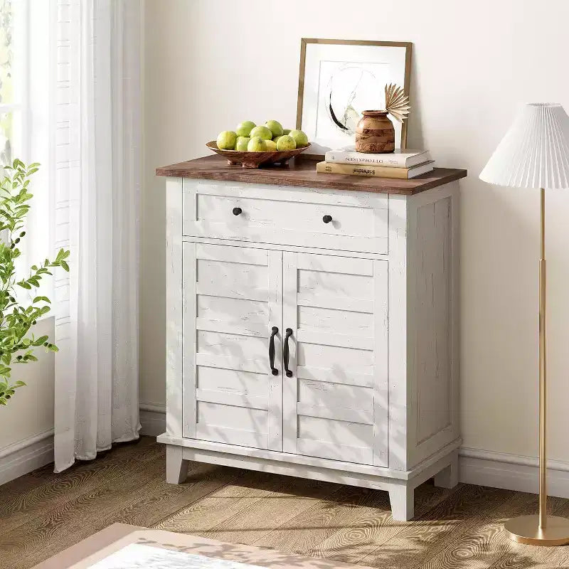 Meuble de rangement à persiennes à 2 portes et tiroir, brun/blanc – Style Ferme