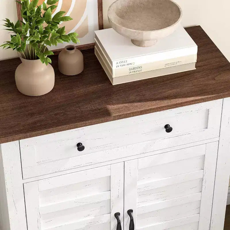 Meuble de rangement à persiennes à 2 portes et tiroir, brun/blanc – Style Ferme