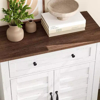 Meuble de rangement à persiennes à 2 portes et tiroir, brun/blanc – Style Ferme
