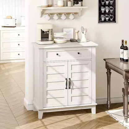 Meuble de rangement à persiennes à 2 portes et tiroir, brun/blanc – Style Ferme