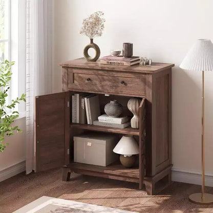 Meuble de rangement à persiennes à 2 portes et tiroir, brun/blanc – Style Ferme