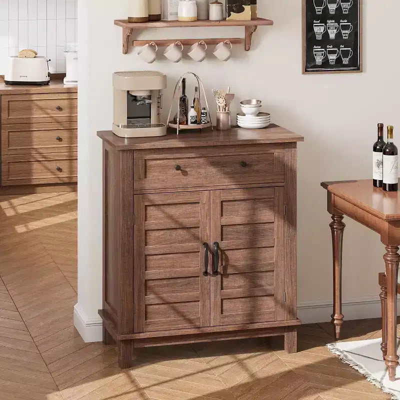 Meuble de rangement à persiennes à 2 portes et tiroir, brun/blanc – Style Ferme