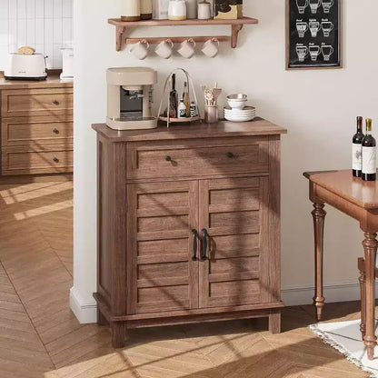 Meuble de rangement à persiennes à 2 portes et tiroir, brun/blanc – Style Ferme
