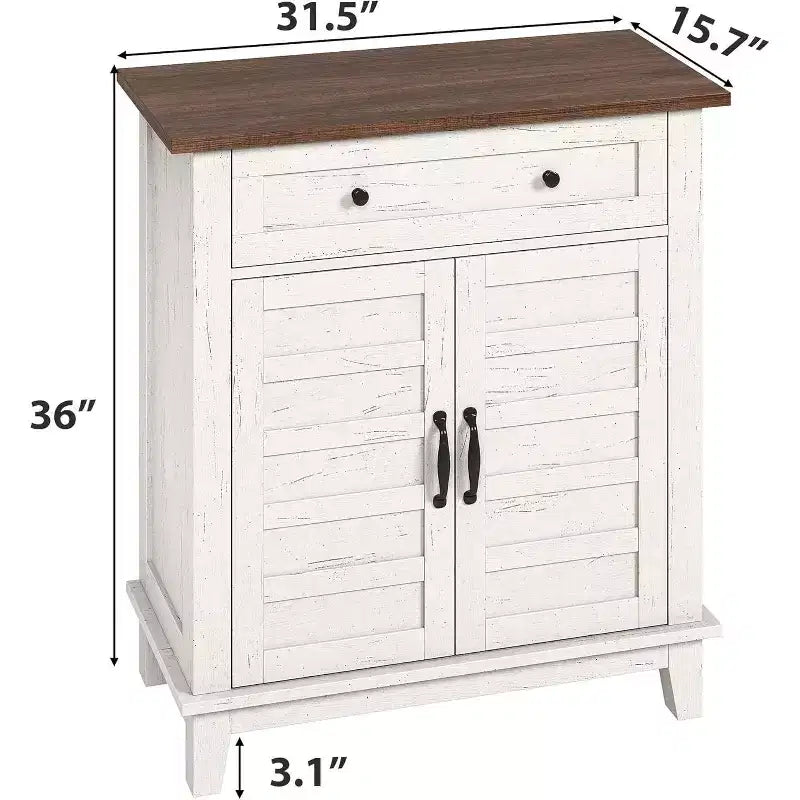 Meuble de rangement à persiennes à 2 portes et tiroir, brun/blanc – Style Ferme