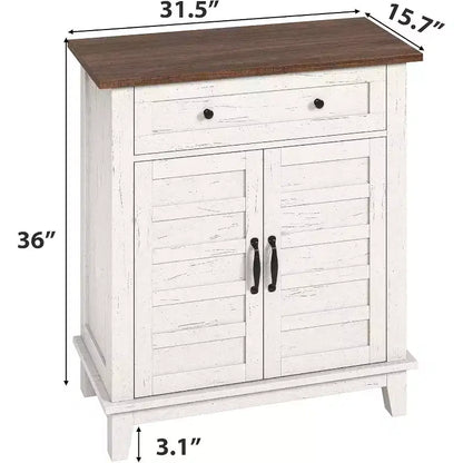 Meuble de rangement à persiennes à 2 portes et tiroir, brun/blanc – Style Ferme