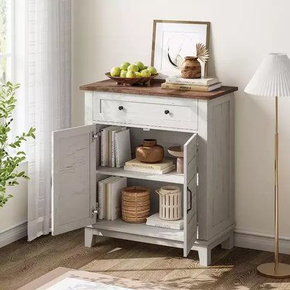 Meuble de rangement à persiennes à 2 portes et tiroir, brun/blanc – Style Ferme