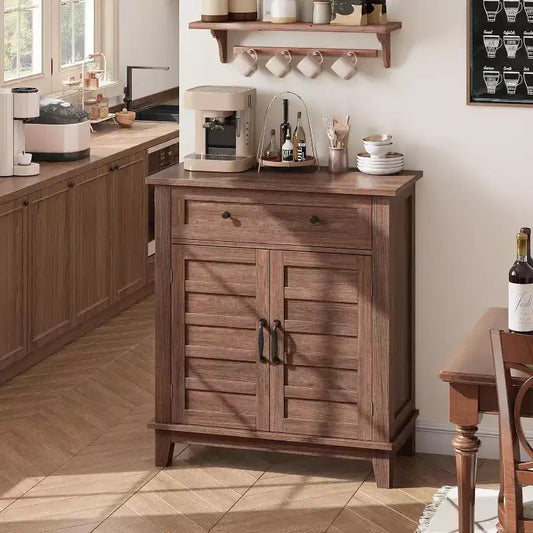 31.5 Rustic Storage Cabinet with Adjustable 3-Tier Shelves, Farmhouse Entryway Organizer Featuring Slatted Doors, Waterproof Design for Kitchen