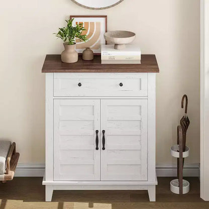 Meuble de rangement à persiennes à 2 portes et tiroir, brun/blanc – Style Ferme