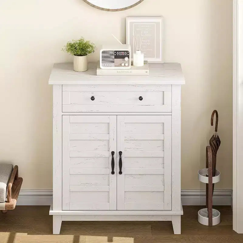 Meuble de rangement à persiennes à 2 portes et tiroir, brun/blanc – Style Ferme
