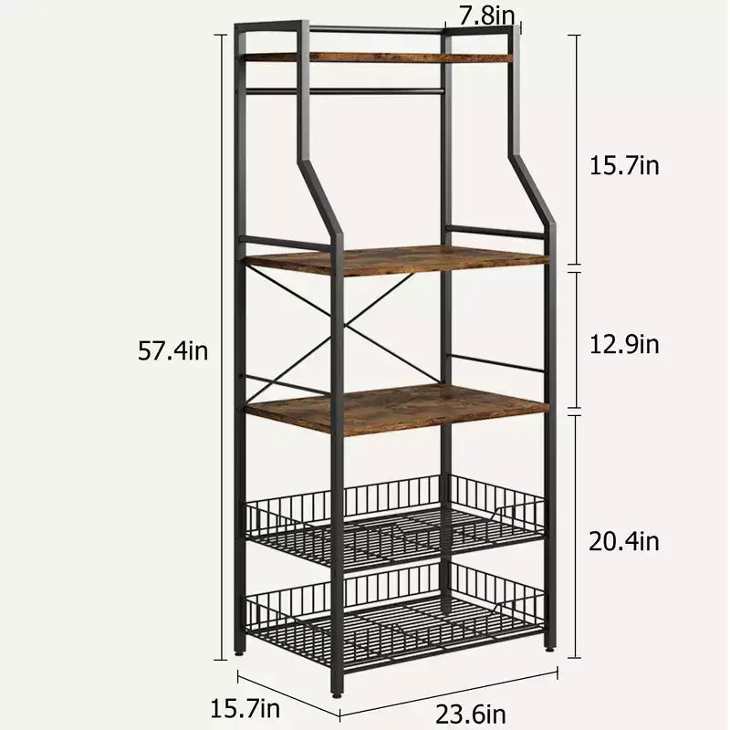 Étagère de boulanger autoportante noire à 5 niveaux avec panier en fil métallique, support de micro-ondes à étagères ouvertes, assemblage par 1 personne