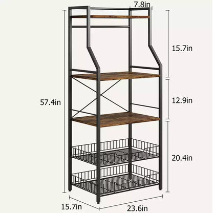 Étagère de boulanger autoportante noire à 5 niveaux avec panier en fil métallique, support de micro-ondes à étagères ouvertes, assemblage par 1 personne