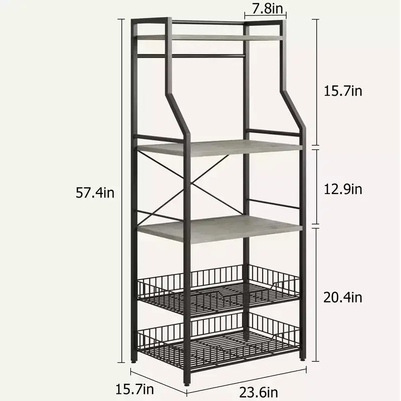 Étagère de boulanger autoportante noire à 5 niveaux avec panier en fil métallique, support de micro-ondes à étagères ouvertes, assemblage par 1 personne