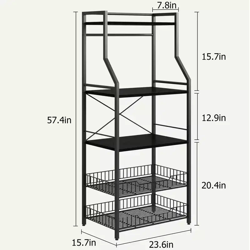 Étagère de boulanger autoportante noire à 5 niveaux avec panier en fil métallique, support de micro-ondes à étagères ouvertes, assemblage par 1 personne