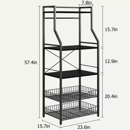 Étagère de boulanger autoportante noire à 5 niveaux avec panier en fil métallique, support de micro-ondes à étagères ouvertes, assemblage par 1 personne