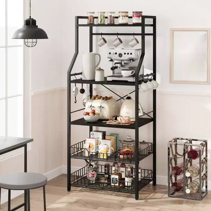 Étagère de boulanger autoportante noire à 5 niveaux avec panier en fil métallique, support de micro-ondes à étagères ouvertes, assemblage par 1 personne