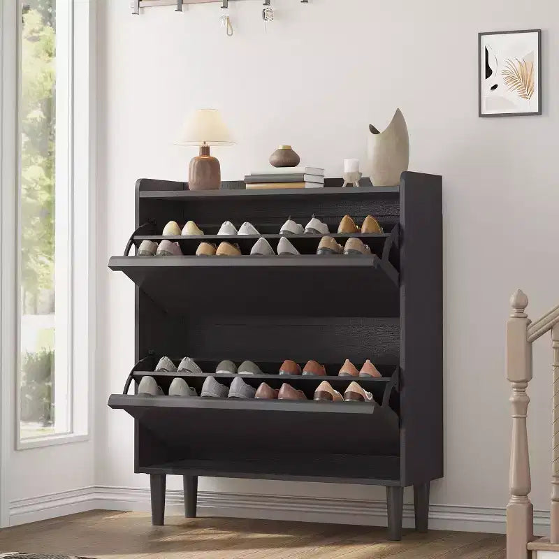 Meuble à chaussures 2 tiroirs à abattant – Blanc antique / Noir / Gris / Bois naturel | Peut contenir 24 paires | Pour 1 à 2 personnes
