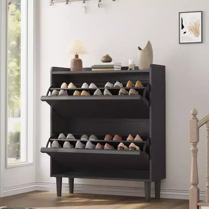 Meuble à chaussures 2 tiroirs à abattant – Blanc antique / Noir / Gris / Bois naturel | Peut contenir 24 paires | Pour 1 à 2 personnes