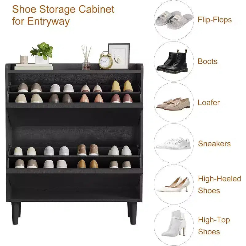Meuble à chaussures 2 tiroirs à abattant – Blanc antique / Noir / Gris / Bois naturel | Peut contenir 24 paires | Pour 1 à 2 personnes