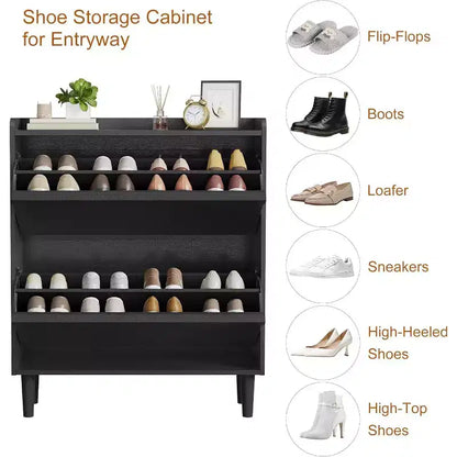 Meuble à chaussures 2 tiroirs à abattant – Blanc antique / Noir / Gris / Bois naturel | Peut contenir 24 paires | Pour 1 à 2 personnes