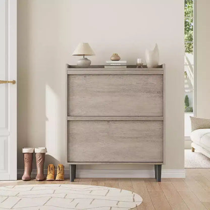 Meuble à chaussures 2 tiroirs à abattant – Blanc antique / Noir / Gris / Bois naturel | Peut contenir 24 paires | Pour 1 à 2 personnes