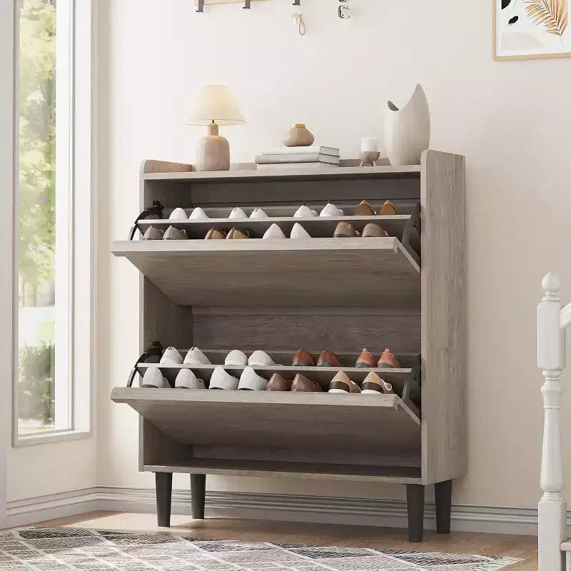 Meuble à chaussures 2 tiroirs à abattant – Blanc antique / Noir / Gris / Bois naturel | Peut contenir 24 paires | Pour 1 à 2 personnes