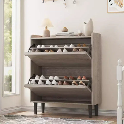 Meuble à chaussures 2 tiroirs à abattant – Blanc antique / Noir / Gris / Bois naturel | Peut contenir 24 paires | Pour 1 à 2 personnes